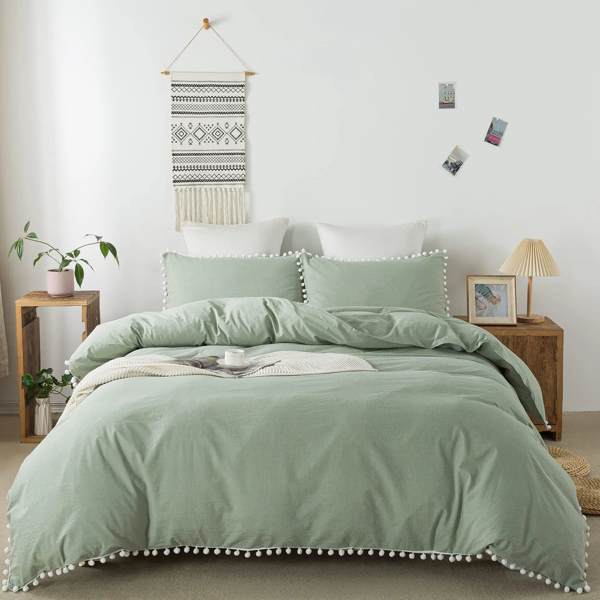 1 Set Plain Pom Pom Decor Duvet Cover & Pillow Case without Filler, Modern Simple Soft Comfortable Bedding Set, Bedding Supplies for Home Bedroom Hote