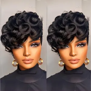 Short Pixie Cut Wig for Black Women Black Curly Wave Synthetic Short Wigs for Women Heat Resistant Fiber Pixie Cut Wigs with Bangs None Lace Front Wig2026