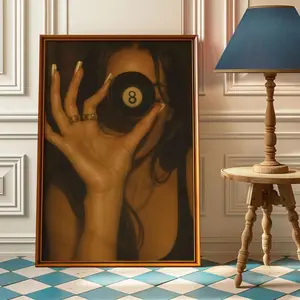 Retro 8 Ball Wall Art Print – Moody Y2K Poster with Woman Holding Lucky 8 Ball – Dark Aesthetic Apartment or Office Decor