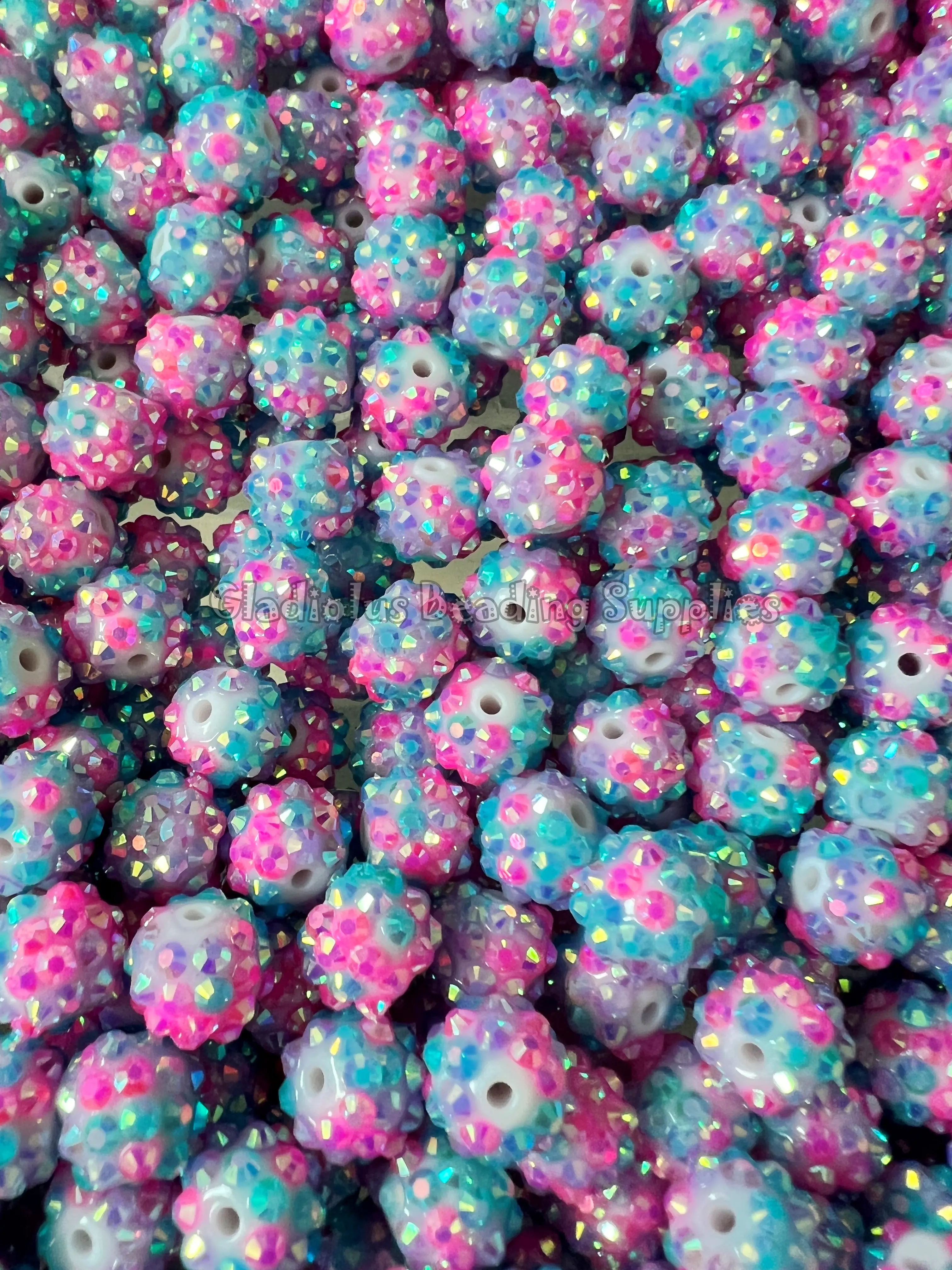 12mm Blue/Pink Beads, Rhinestone, Resin/Acrylic Beads, Loose, 0.47 inches, Chunky, Gumball