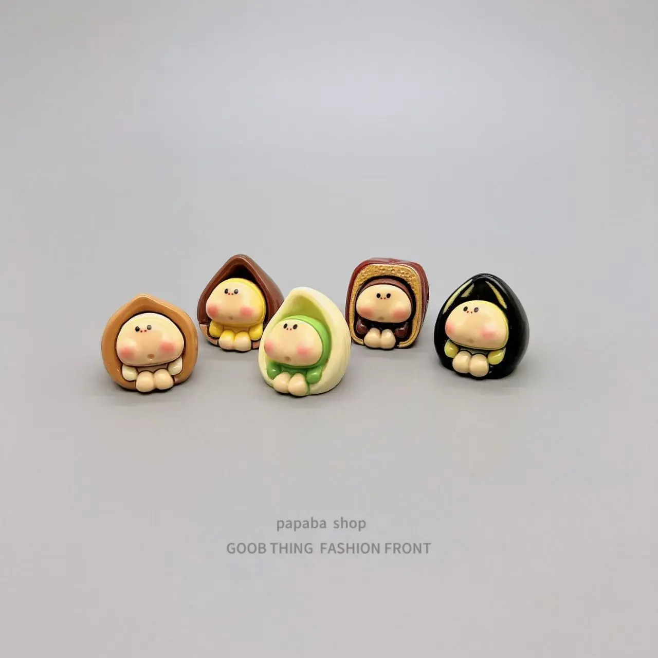 Mini figurine ornaments with cute peeled nut cartoon silhouette, eco solid resin material in multi warm fruit shell colorways, round soft doll inner details, a must-have sweet decor for car dash & desk aesthetic