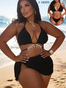 Women's Plus Size New Chain Pure Color Sexy Halter Tie Front Bikini Set with Cover Skirt, Three-Piece Swimsuit for Beach Pool