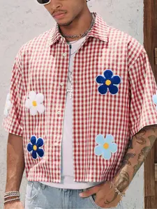 Men's Floral Embroidery Short Sleeve Shirt, Regular Fit Casual Street Retro Style Collared Button Top for Summer, Fashion Men's Top for Daily Wear