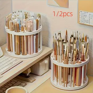 360 Degree Rotating Brush Holder, Space-Saving Desktop Organizer for Makeup Brushes & Art Supplies, Plastic Storage Box