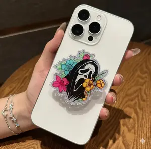 Floral Ghostface MagSafe Phone Grip, Spooky Horror Aesthetic Magnetic Phone Holder, Goth Glitter Popgrip, sticky Baby mount Library Card Flower-Shaped Multi-Functional Stand Universal Car Bat accessories [Gift Ring Magnet]