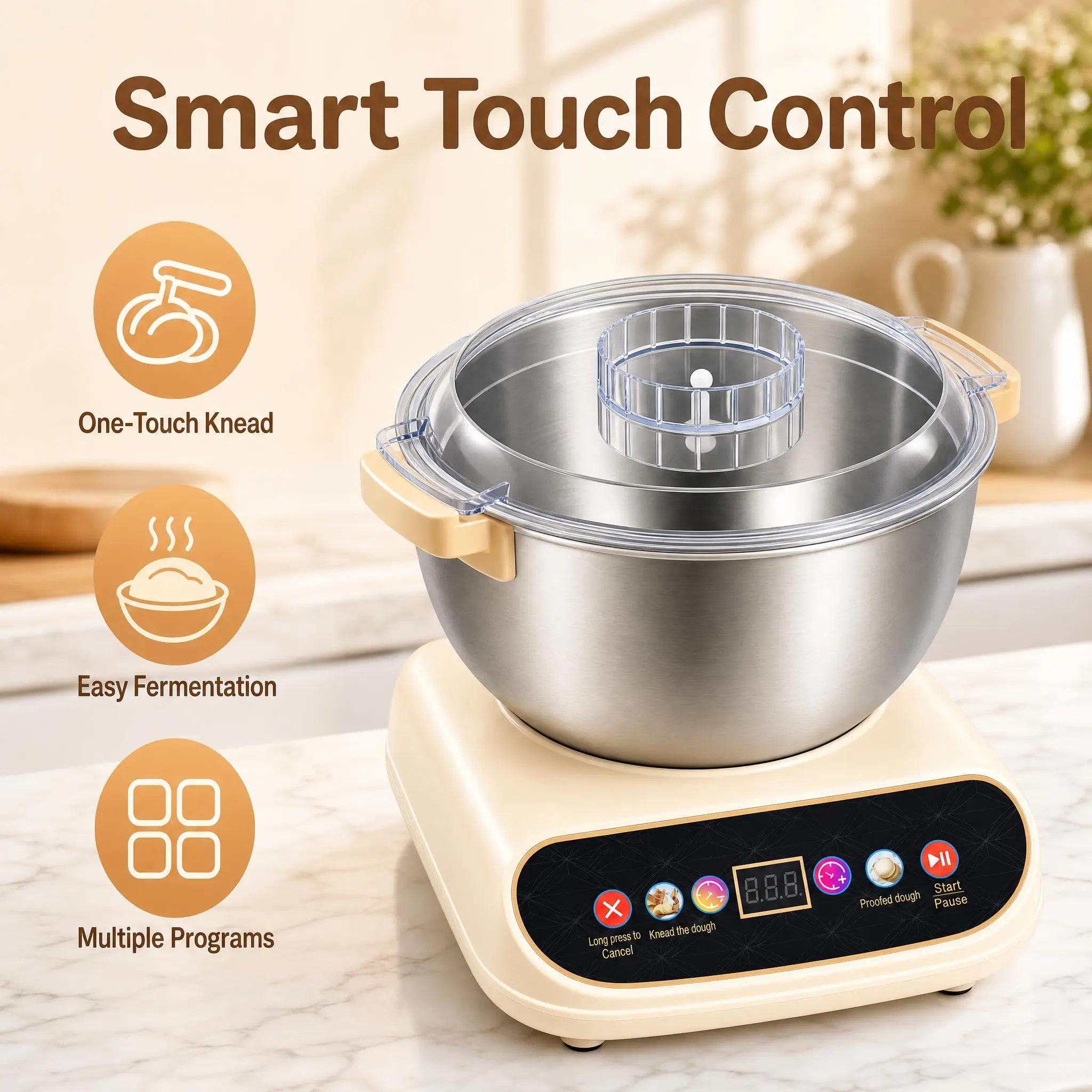 Smart Touch Control One Touch Knead Easy Fermentation Multiple Programs Food Processor,A 6-liter high-capacity dough mixer with food-grade stainless steel mixing bowls, offering ample capacity for easier dough kneading and mixing.