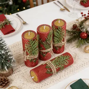 Pack of 4 red and yellow layered beeswax candles, 4-inch handmade rolled honeycomb pillar wax, cedar decoration, drip-free and smokeless, natural honey fragrance, suitable for Christmas dinners, holiday celebrations, home decoration, and gifting decor