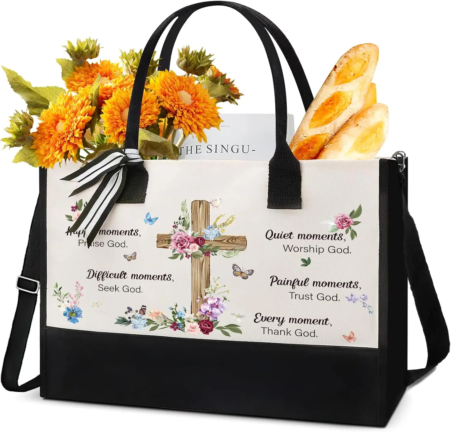Christian Canvas Tote Bag - Spanish Positive  Inspiration Totes Zipper Handbag Happy Moments Praise God Thank God Inspirational Gifts for Women   Shopping Bags for Birthday