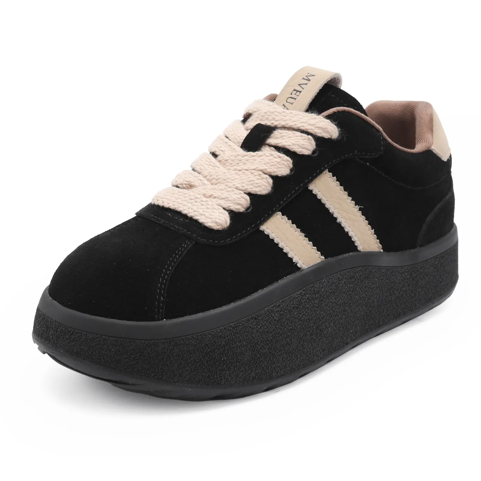 MVEUAC Platform Sneakers for Women - Genuine Suede Leather Upper Women Shoes, Non-Slip Rubber Outsole Women Fashion Sneakers Lace-up, Black