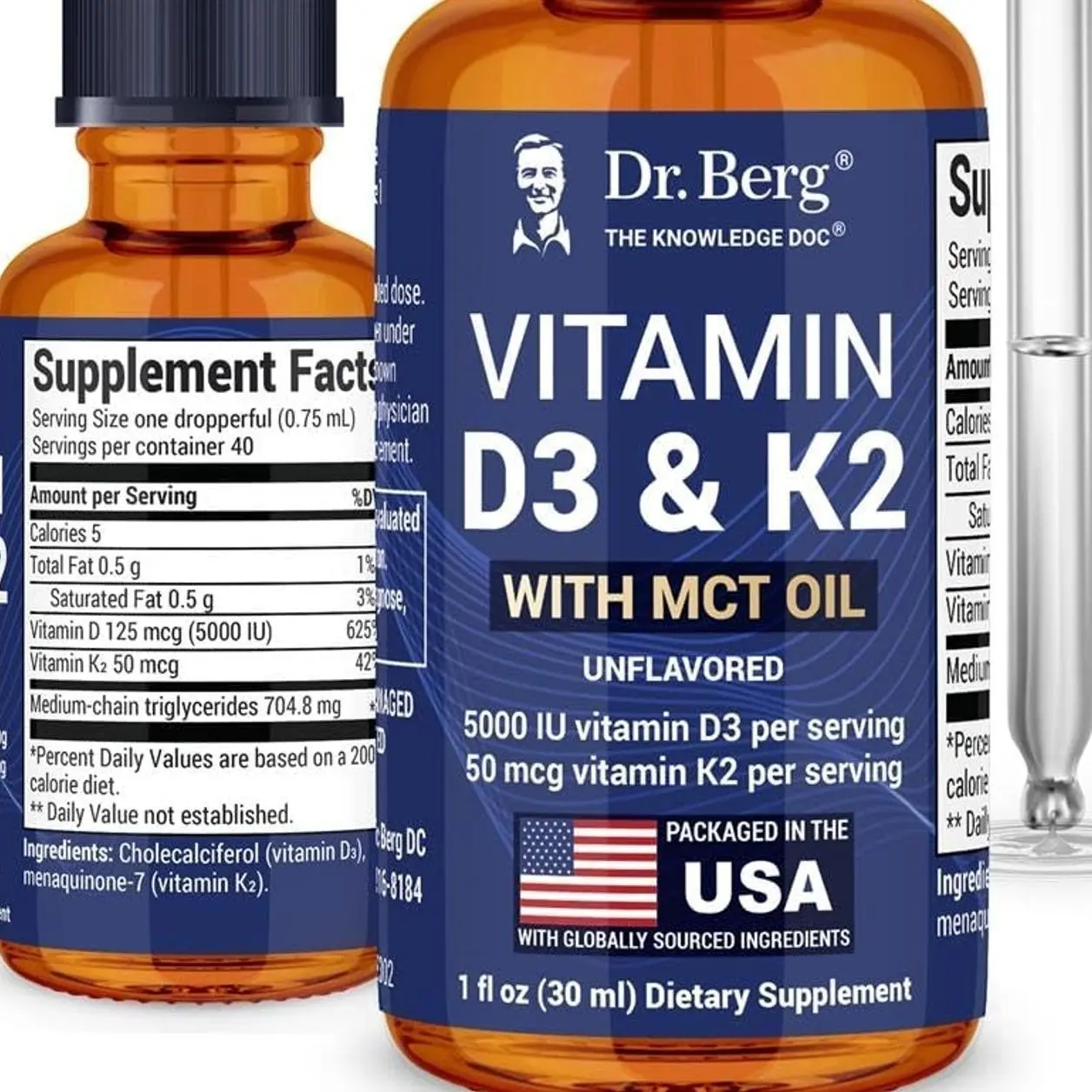 Dr. Berg Maximum Strength Vitamin D3 K2 Liquid Drops with MCT Oil – 5,000 IU Liquid Vitamin D3 with K2 – Supports Strong Bones, Heart, Energy, Immunity, and Overall Vitality* - Unflavored 1 Fl Ozundefined