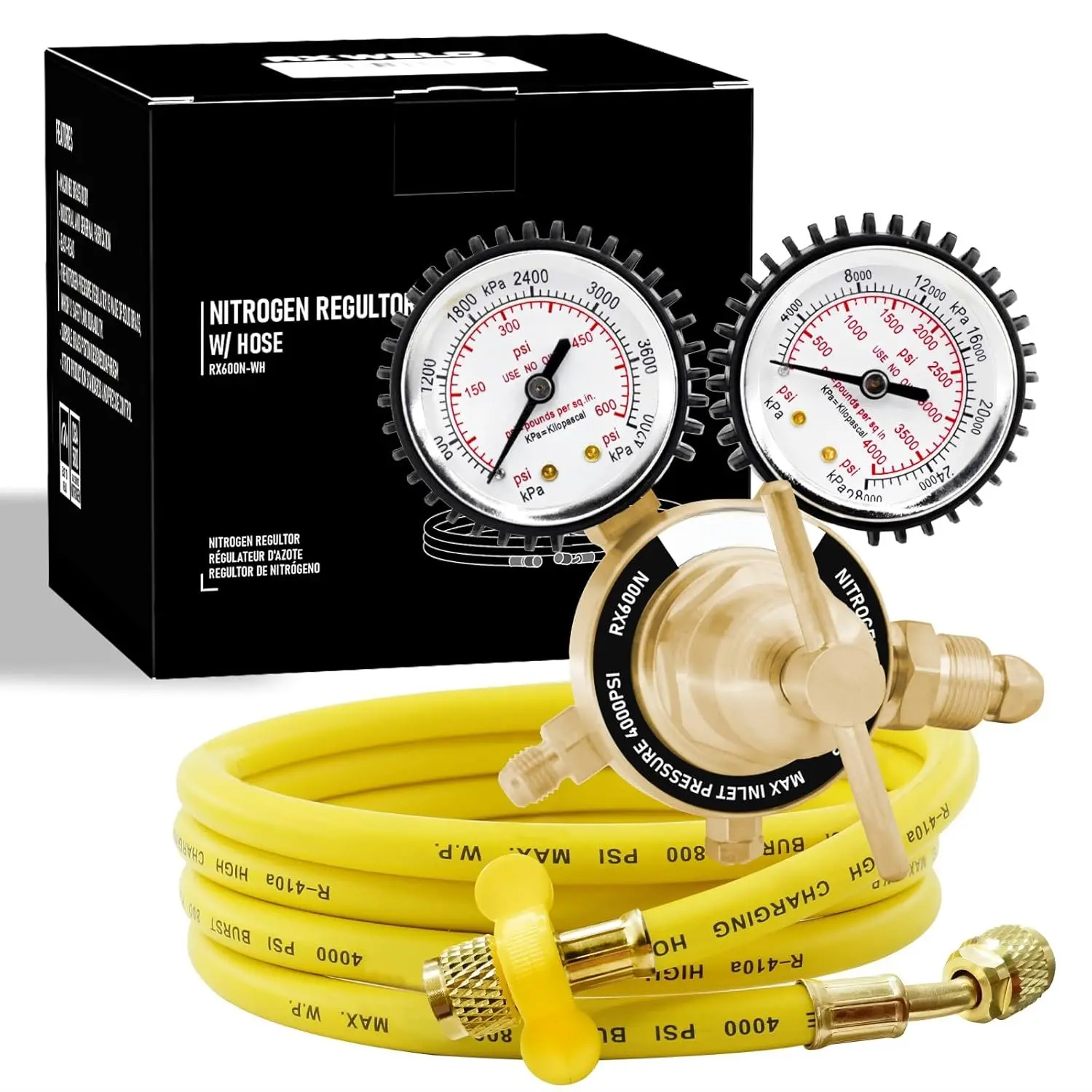 Nitrogen Regulator with 0-600 PSI, CGA580 Inlet, 1/4-Inch Male Flare Outlet Connection, Nitrogen  Regulator with 5Ft Refrigeration Hose