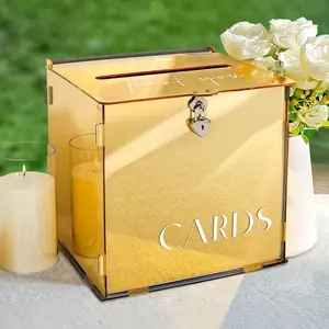 Metallic Gold Mirror Acrylic Wedding Card Box With Lock Slot, for Money Box For Bridal Shower Wedding Honeymoon Baby Shower Birthday Party Reception Engagement Table Decor