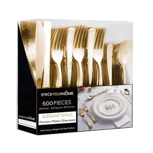 Gold Plastic Silverware Set (600-Pack) – Disposable Heavy Duty Cutlery, 200 Forks, 200 Knives, 200 Spoons for Parties, Weddings, Dinners & Holidays