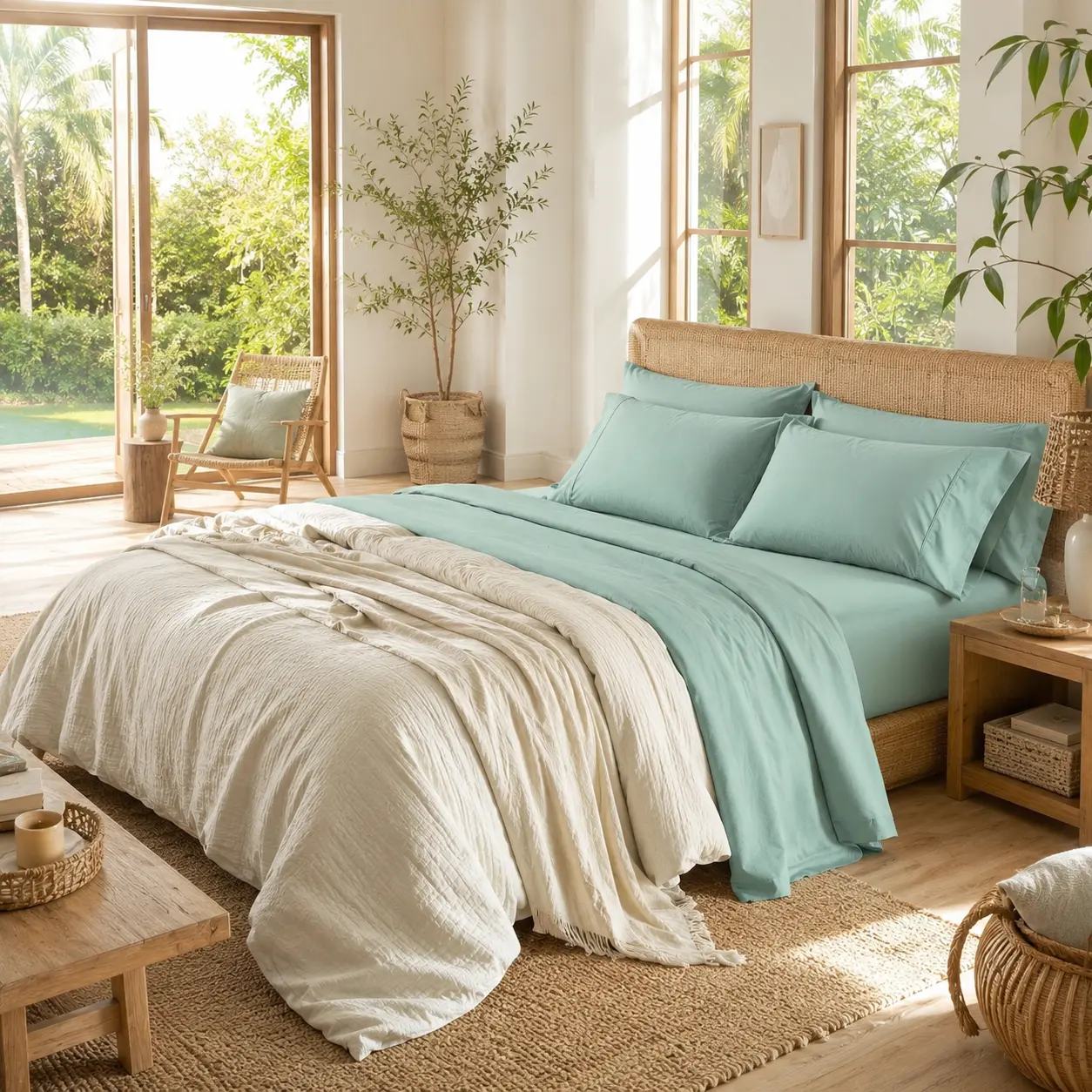 Unisex 4-Piece Bamboo Blend Cotton Bedding Sets - Breathable, Cooling, Silky Soft, Wrinkle Resistant, 16-19 in Deep Pocket, Washed Cotton Linen Home Bedroom Essential Supplies