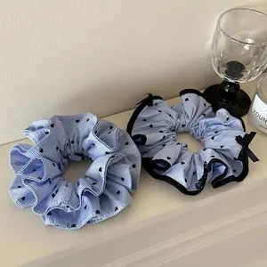 2pcs Blue Striped Ruffled Bow Hair Ties, High-End Heart Design Braided Large Hair Bands, Versatile Ponytail Headbands Accessories