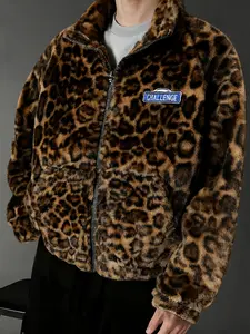 Unisex Y2K Style Leopard Print Jacket, Letter Badge Streetwear, Fall Winter Fleece Warm Coat, High Street Culture, Men's Gift, Couple Fashion