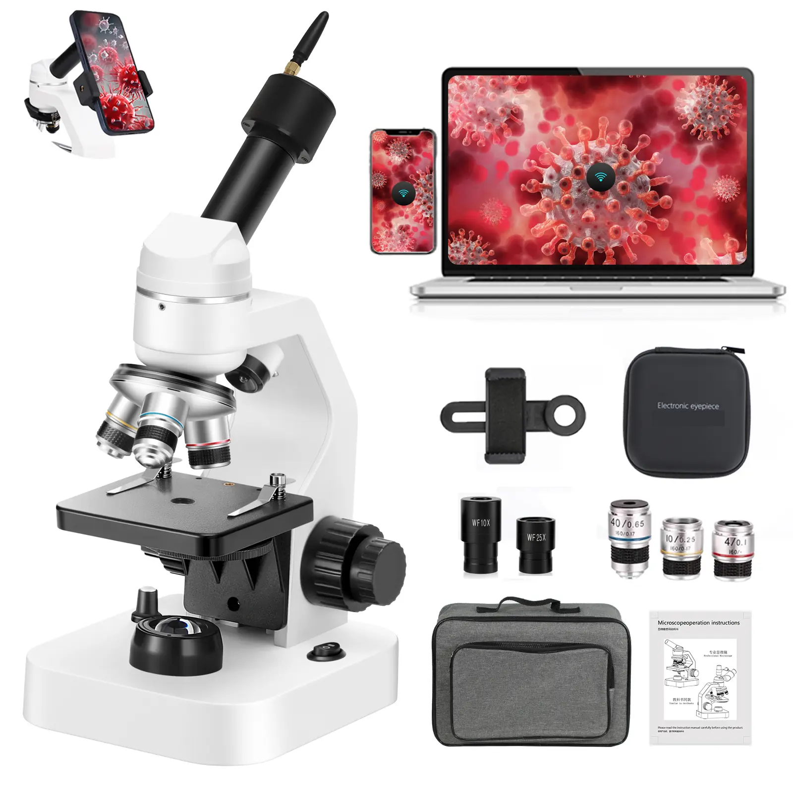 Professional Handheld Compound Microscope - 1000x Magnification Tool, 10x/25x Eyepieces, 4x-40x Achromatic Objectives, Phone Adapter, PC Connection, Portable, Suitable for Students, Office & School Supplies (Lab Use)