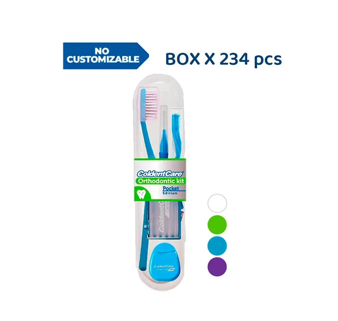 ColdentCare Orthodontic Kit Pocket - Box x 234 pcs - Compact and Complete Oral Care Set with Toothbrush, Floss, Wax, Threaders, Interdental Brush, and Case