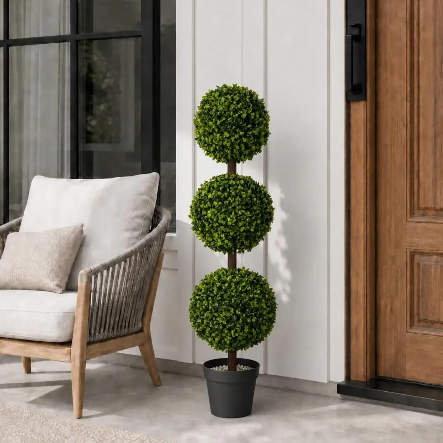 3FT 1 Pack UV Resistant Artificial Boxwood Ball Triple Ball Topiary Tree with Pot, Assembly Required for Indoor Outdoor Front Porch, Patio Decor