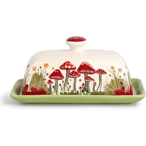 Mushroom Butter Dish With Lid - Cute Cottagecore Ceramic Storage Container,   Covered Tray, Boho Farmhouse Kitchen Decor ,  Countertop Holder (White, Standard)