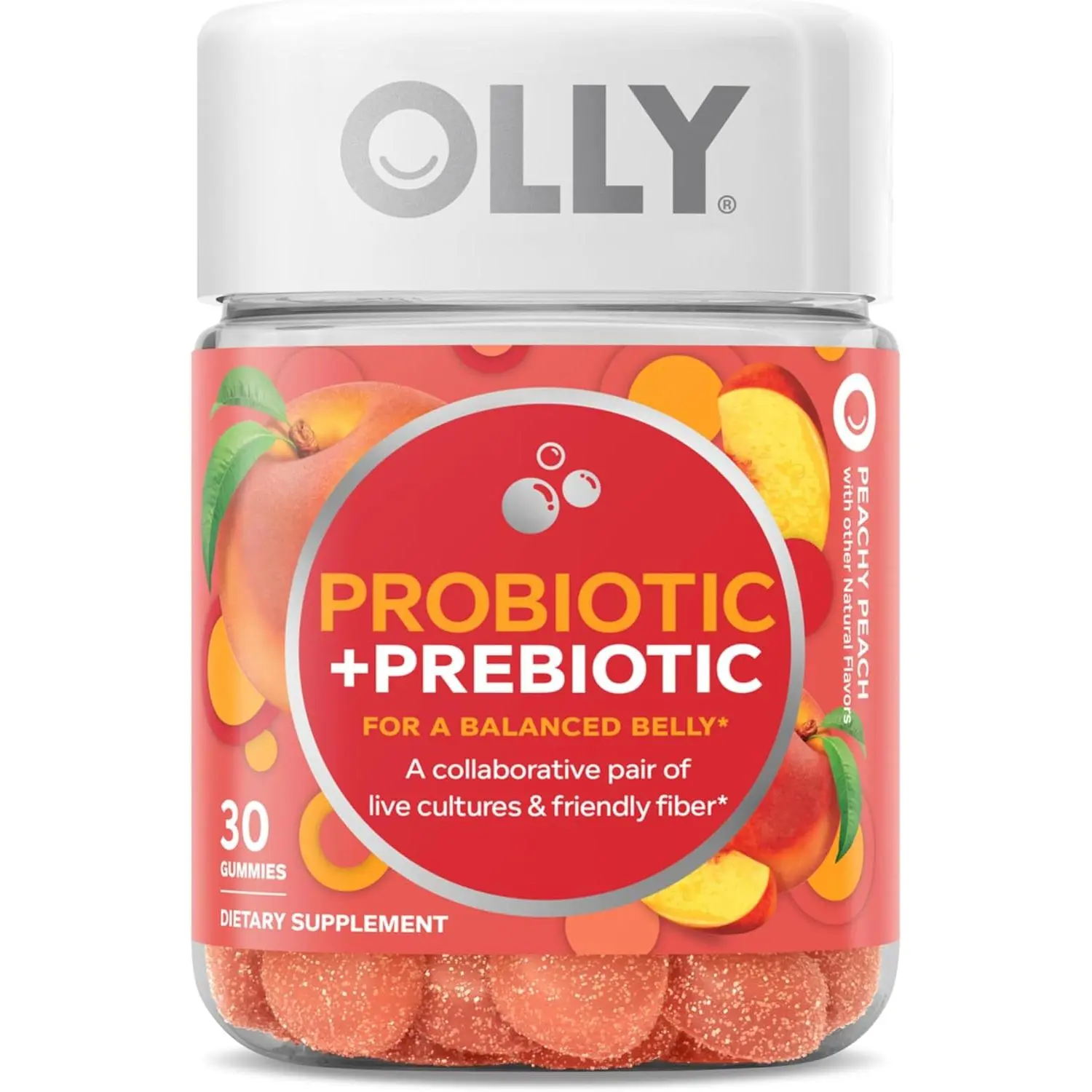 OLLY Probiotic + Prebiotic Gummy, Digestive Support and Gut Health, 500 Million CFUs, Fiber, Adult Chewable Supplement for Men and Women, 30 Day Supply - 30 Count