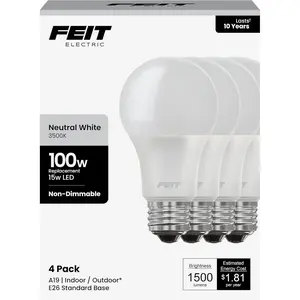 A19 LED Light Bulbs, 100W Equivalent, 1500 Lumens, Neutral White 3000K, 15W, 11,000-Hour Lifespan, General Purpose Indoor/Commercial Use, A1600/835/10KLED/4, 4 Pack
