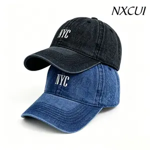 NXCUI NYC Embroidered Washed Denim Baseball Cap for Men Women, Adjustable Vintage Black Dad Hat with Brass Buckle