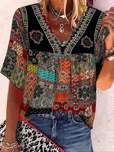 Women's Ethnic Pattern V Neck Blouse, Boho Bohemian Casual Short Sleeve Top for Summer, Ladies Clothes for Daily Wear, Womenswear