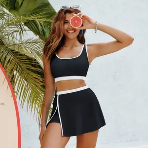 【S-2XL】Hanna Nikole Bikini Sets for Women Color Block Swimsuits with Side Slit Swim Skirt