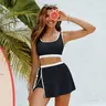 Hanna Nikole Women's Color Block Artichoke Design Skirt Bikini Set - S-2XL Plus Size, Side Slit, Adjustable Straps, Skirt+Brief Combo for Sports & Outdoor Use