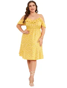 Women's Plus Size Floral Cold Shoulder Dress, Ruffle Trim Midi Dress with Waist Cinch (100% Polyester)