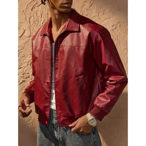 Men's Autumn And Winter Drop Shoulder Long Sleeve Zip Up Red PU Leather Jacket