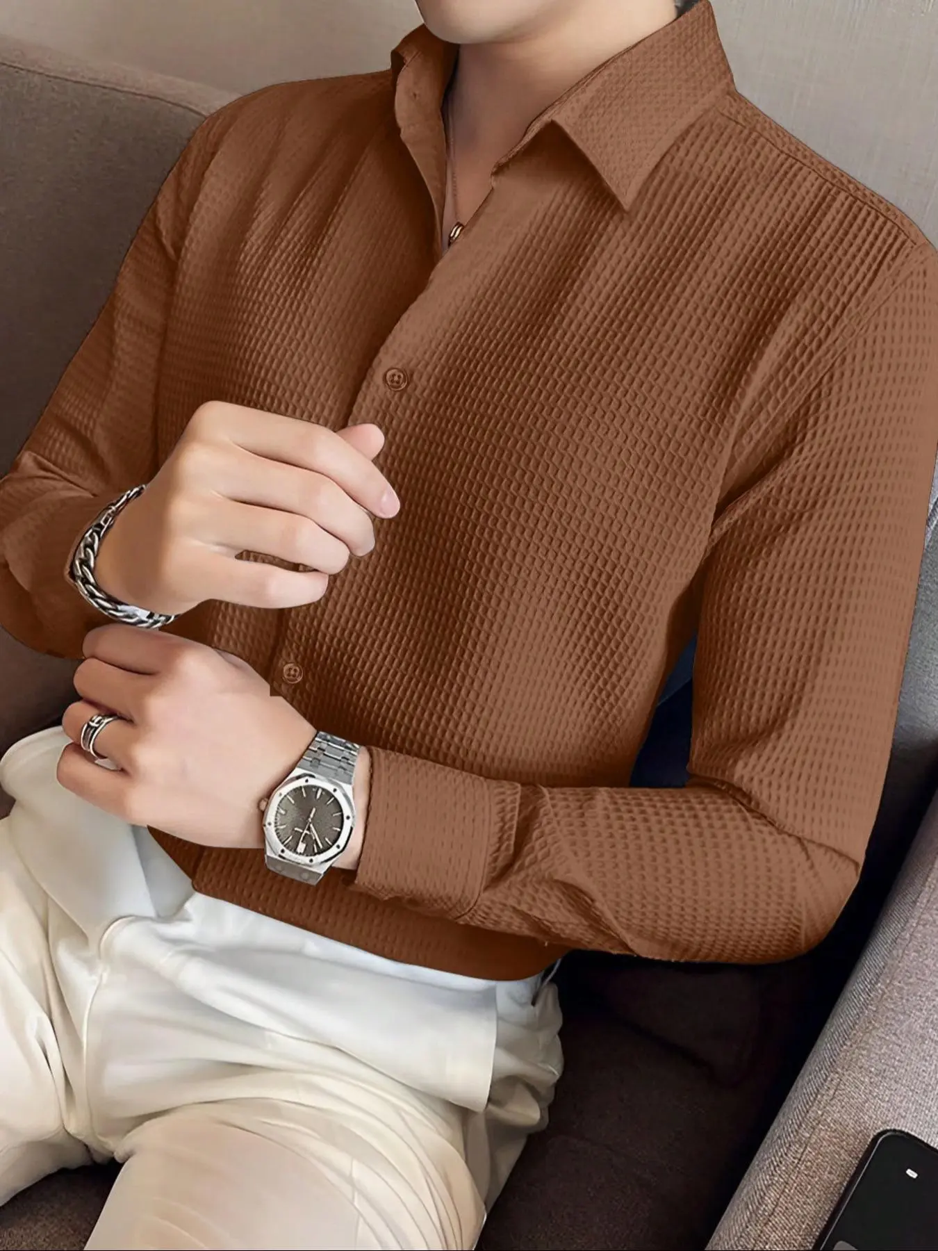 Men's Solid Waffle Knit Long Sleeve Button Up Casual Collared Shirt, Regular Fit Casual Business Comfy Top for Daily Wear, Men's Clothes for All Seasons, Beige