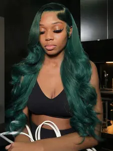 Dark Green with Black Root Wig 13x4 Lace Front Wig Body Wave Synthetic Wig Free Part Natural Hairline Heat-Resistant Fiber Concert Look Wavy Wig Coachella Festival Look Lace Frontal Wigs for Women Daily Wear 28 Inches Deep Wavy Wigs