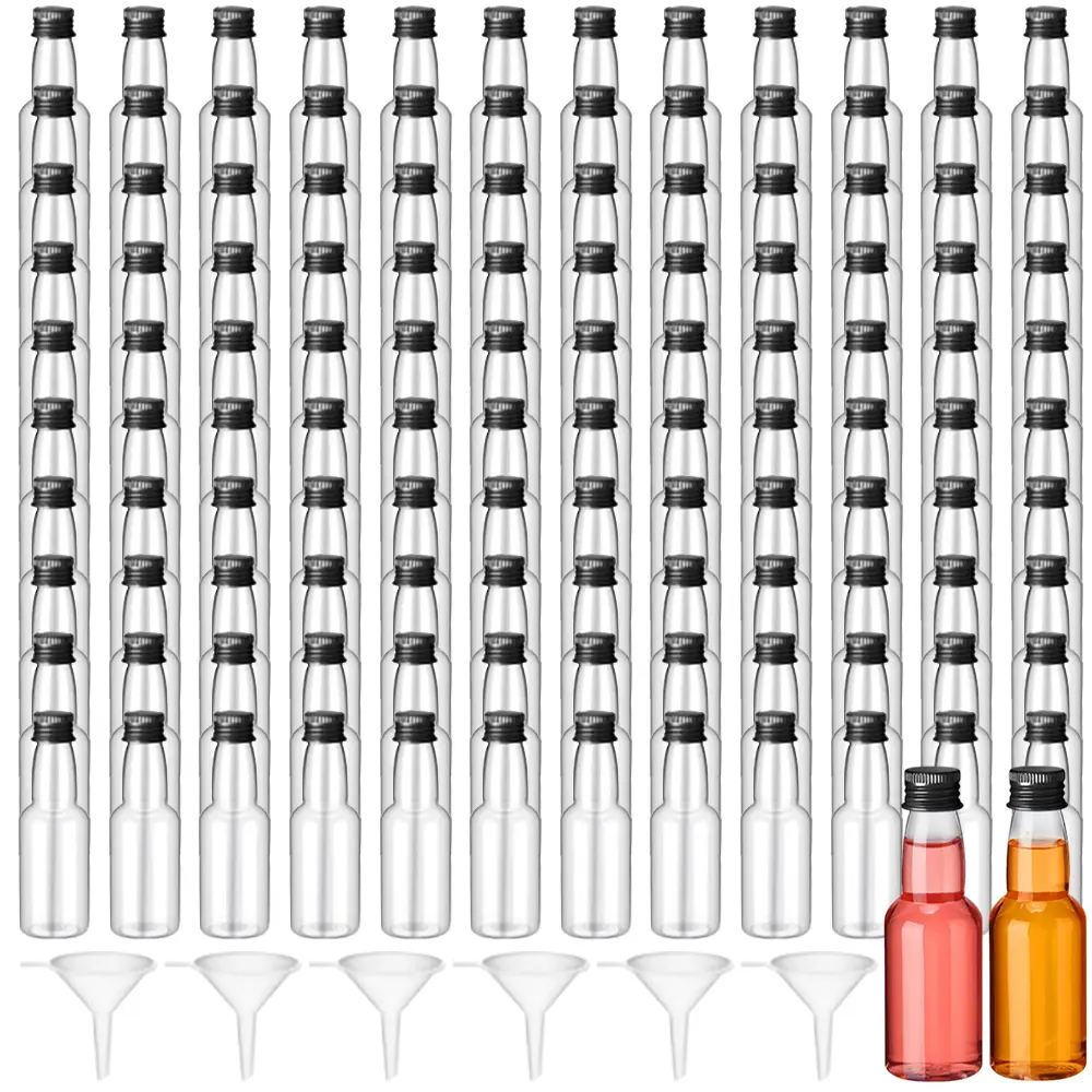 120PCS Mini Liquor Bottles Airtight Shot Miniature Empty Plastic Alcohol Spirit Shot Bottles with Funnels for Party Favors, Weddings (2oz, Black)