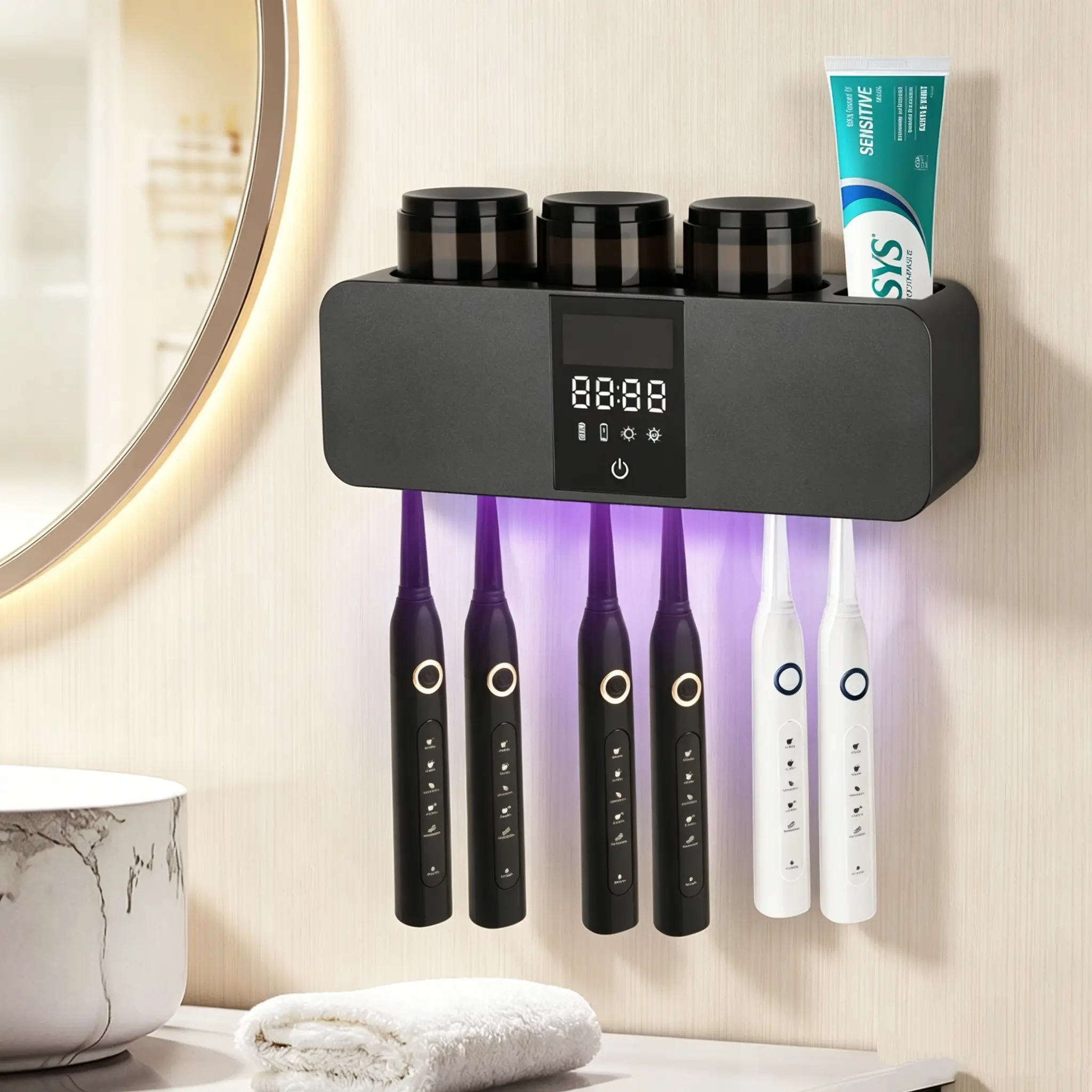 SummerVibes Wall-Mounted Electric Toothbrush Organizer with 3 Cups – UV Sanitizer, Toothpaste Dispenser, and Smart Bathroom Storage & Decor