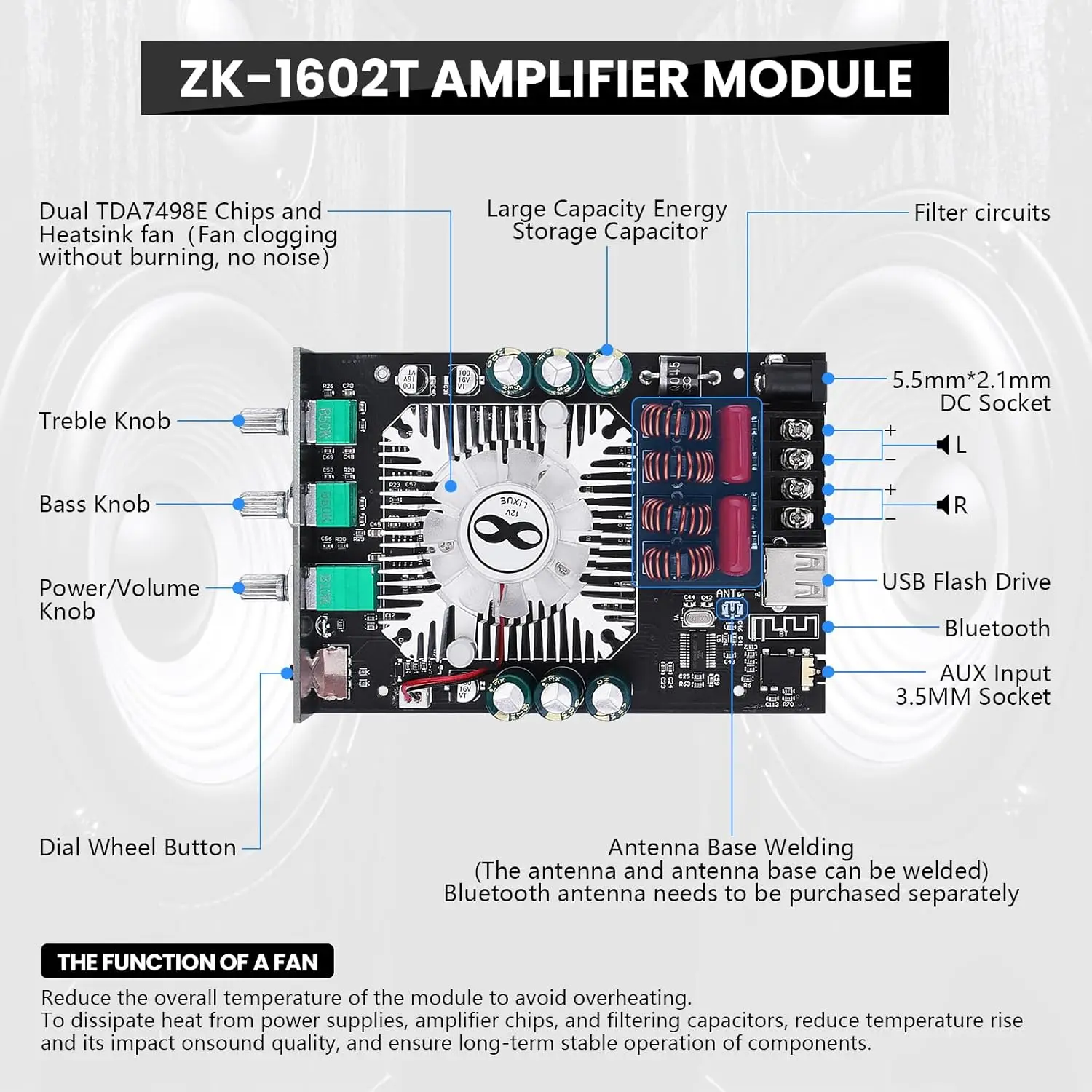 Audio Amplifier Board, ZK-1602T Bluetooth 5.0 Power Amp for Home