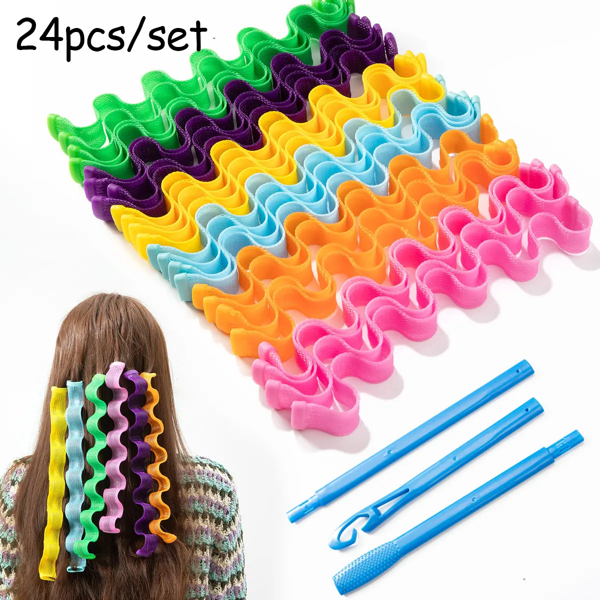 24 pieces of 6-color water ripple magic perm magic curling iron, 45cm woven mesh spiral roll, no hot perm bar curling styling tool, DIY styling curling iron, suitable for daily home beauty and personal care