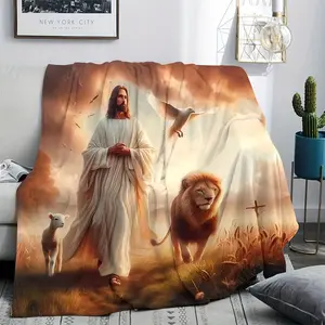 Jesus Religious Blanket - Soft Flannel Hypoallergenic Christian Decoration with Lion of Judah and Lamb Pattern - Pastel Paradise Landscape, Suitable for Bed, Sofa, Travel - Christian Spiritual Gift, Baptism Occasion - Four Seasons Comfort Blanket