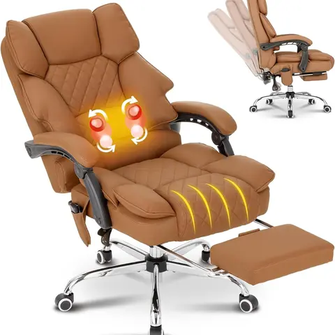 BOWTHY Contemporary Brown Sturdy Ergonomic Computer Chair - Adjustable Swivel Executive Office Chair, 90-135° Recline, Retractable Footrest, Diamond-Stitched Leather Cushion, Rolling Wheels, 27.6'' Back Height