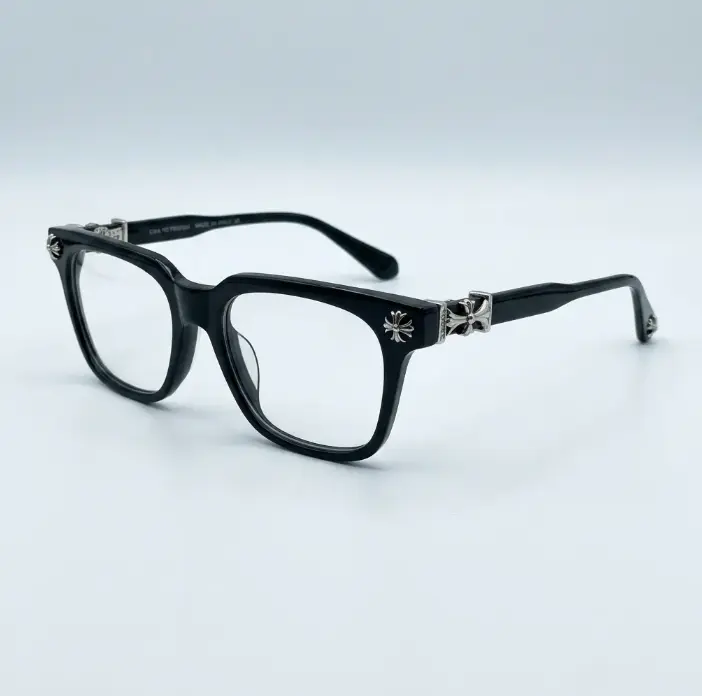 Chrome Hearts Black Square Eyeglasses Silver Cross Temple Luxury Unisex Optical Frames