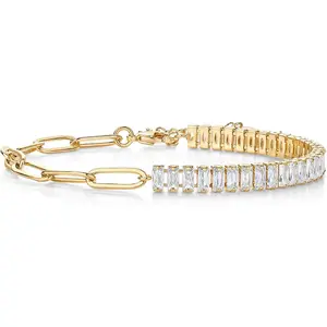 14K Gold Plated Paperclip Tennis Bracelets for Women - Link Chain Gold Bracelet for Women with Cubic Zirconia - Adjustable Trendy Bridal Jewelry