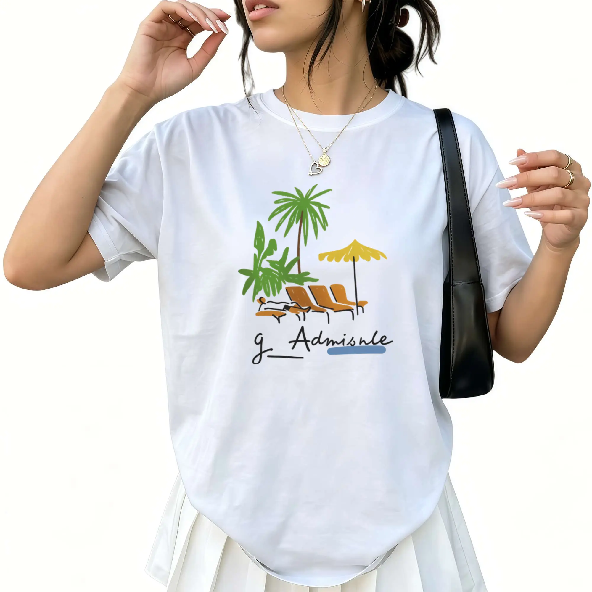 Women'S Palm Tree & Beach Print T-Shirt | Yellow-Green Short Sleeve Summer Vacation Top with Palm for Poolside or Casual Outfits - Machine Washable SpringSummer Blouse