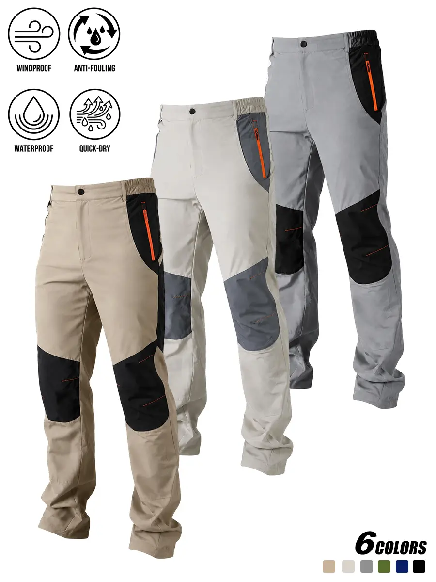 3Pcs Men Outdoor Hiking Pants, Quick Dry Waterproof Wind Resistant Fabric, Zipper Side Pockets, Elastic Waist Straight Leg Trousers for Camping, Cycling, Trekking and Daily Outdoor Activities