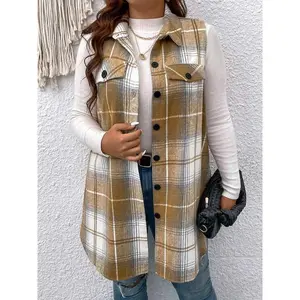 ?? Plus Size? Women’s plaid print button-front vest coat, casual sleeveless outerwear with a collar and faux pocket decoration for autumn and winter, women’s clothing for everyday wear