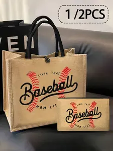 Baseball Mom Life Canvas Handbag, Zero Wallet, Letter Zipper Bag, Personalized Gift Packaging, Cartoon Fun Multifunctional Handbag, Handbag Set