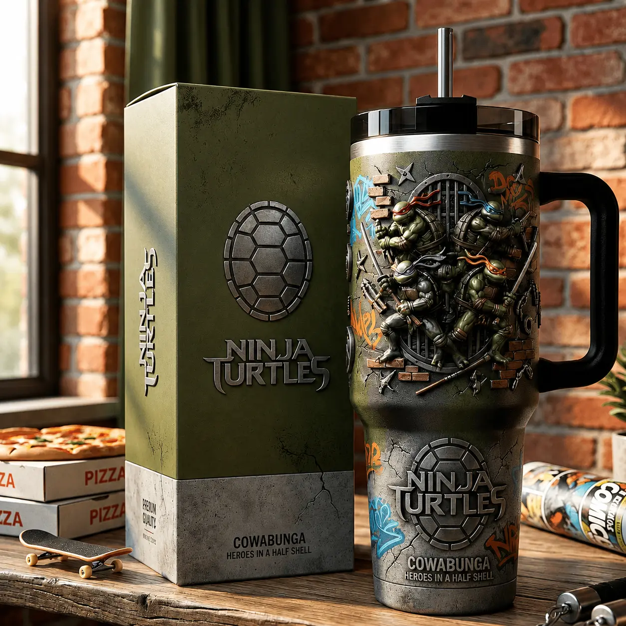 Teenage Mutant Ninja Turtles TMNT 40oz Tumbler With Handle, Premium Vacuum Insulated Stainless Steel Travel Mug, Cowabunga Heroes in a Half Shell Collector Gift