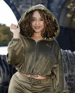 Green Velour Satin Lined Crop Zip Up Hoodie