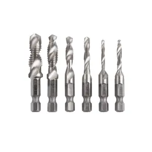 6 count Combination 1/4 Hex Twist Tap Drill HSS M3-M10 Bit Screw Countersink Hexagonal Handle Metric Taps White /Titanium Plated