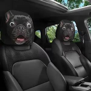 2Pcs Funny Black French Bulldog Face Print Car Headrest Covers, Universal Fit Soft Auto Seat Headrest Protectors, Cute Dog Design Automotive Interior Accessories for Daily Commute Road Trip Decor